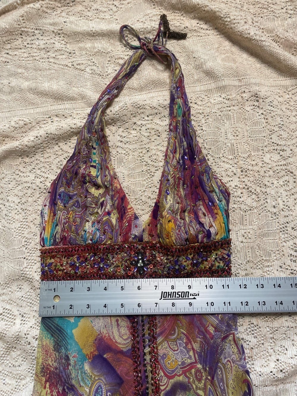 Y2K Sue Wong Paisley Print Halter Maxi Dress with Beaded Waist - Picture 8 of 10